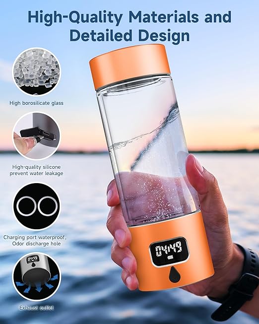Hydrogen Water Bottle - Portable Rechargeable Water Bottle with LED Timer, Aluminum and Glass, 5000 PPB Hydrogen Production, Gift for Husband Wife Father Friend Client (Orange, 11.6Oz)