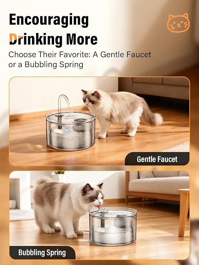 Cat Water Fountain, 74oz/2.2L All Glass Automatic Water Fountain with Ultra-Quiet Auto Shut-Off Pump, Easy to Clean Pet Water Dispenser for Cats, Kittens (with 4 Filters)