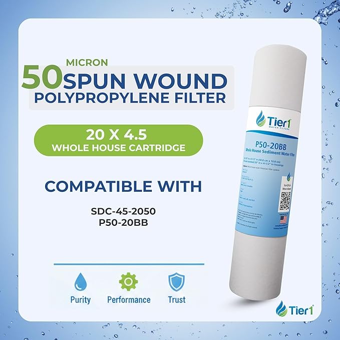 Tier1 50 Micron 20x4.5 Water Filter | Spun Wound Polypropylene Whole House Water Pre-Filter Cartridge | Replacement for Hydronix SDC-45-2050, P50-20BB | 4.5 x 20 Sediment Water Filter (2-Pack)