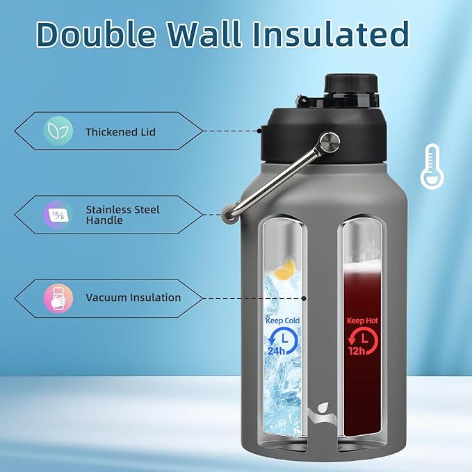 Jug with Handle,87 oz Insulated Water Bottle with Carrying Pouch, Double Wall Vacuum Stainless Steel Metal Bottle,Gray
