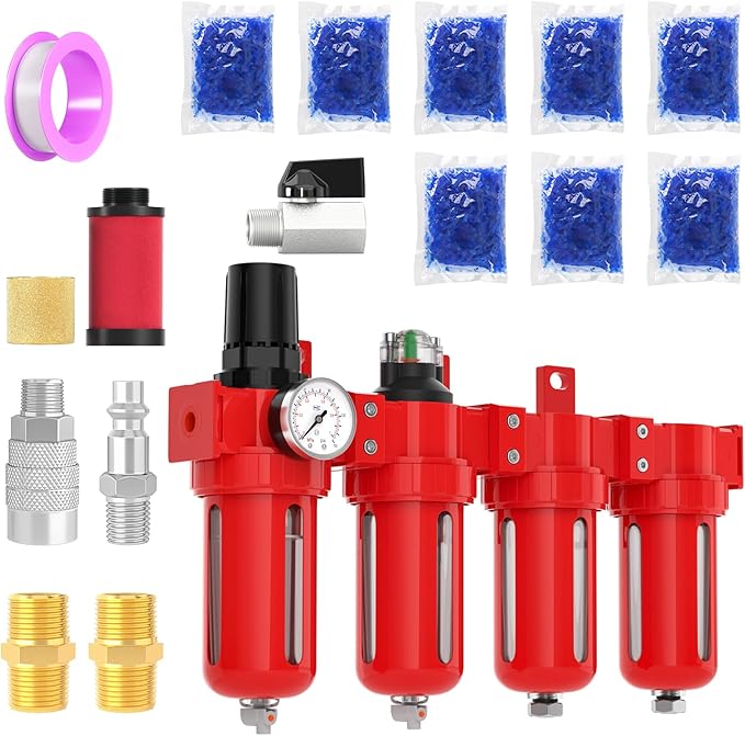 1/4" NPT Industrial Grade 4 Stage Aluminum Air Drying System, Coalescing Filter, Particulate Filter, Double Desiccant Dryer and Air Regulator,Manual Drain For Plasma Cutter and Paint Spray - AquaVibe