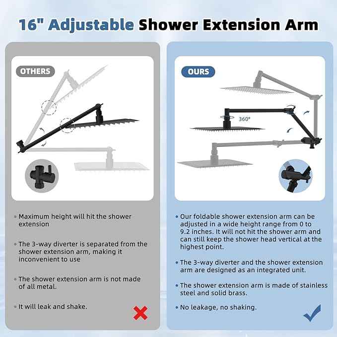 12“ All Metal Black Rain Shower Head with Handheld Spray Combo, High Pressure Rainfall Shower Head with16" Shower Extension Arm, 5“ Handheld Spray Powerful Clean 10-Mode, 3-Way Diverter, Shower Hose