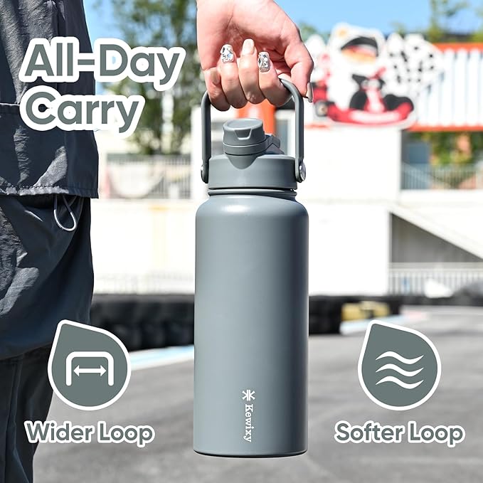 KEWIXY 32 oz Insulated Water Bottle, 2-in-1 Lid, Straw & Spout with Protected, Leak Proof, Keep Cold, Stainless Steel, Metal, Reusable, Handle, for Outdoor, Gym and School, 2 Lids, Char Gray