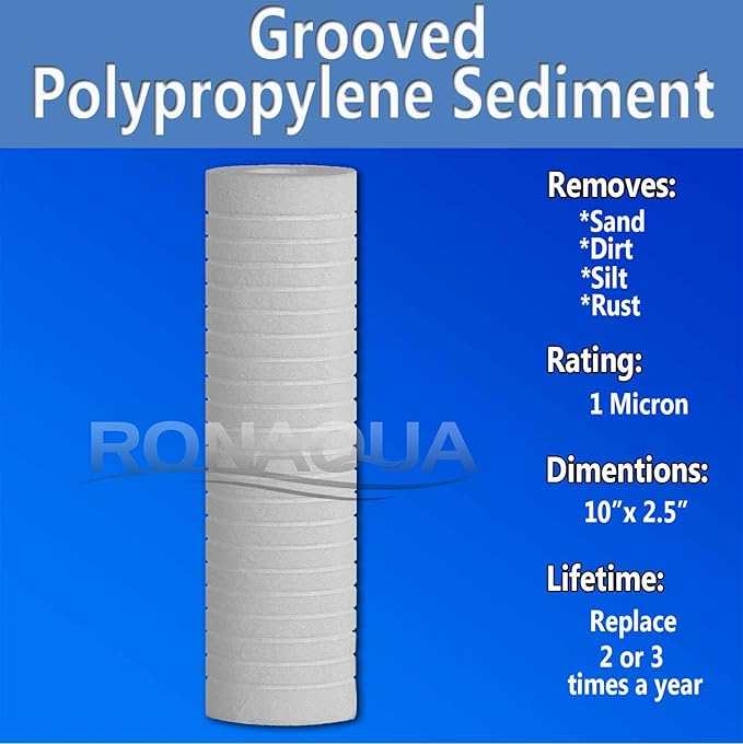 Grooved Sediment Water Filter Cartridge by Ronaqua 10"x 2.5", Four Layers of Filtration, Removes Sand, Dirt, Silt, Rust, made from Polypropylene (6 Pack, 1 Micron)