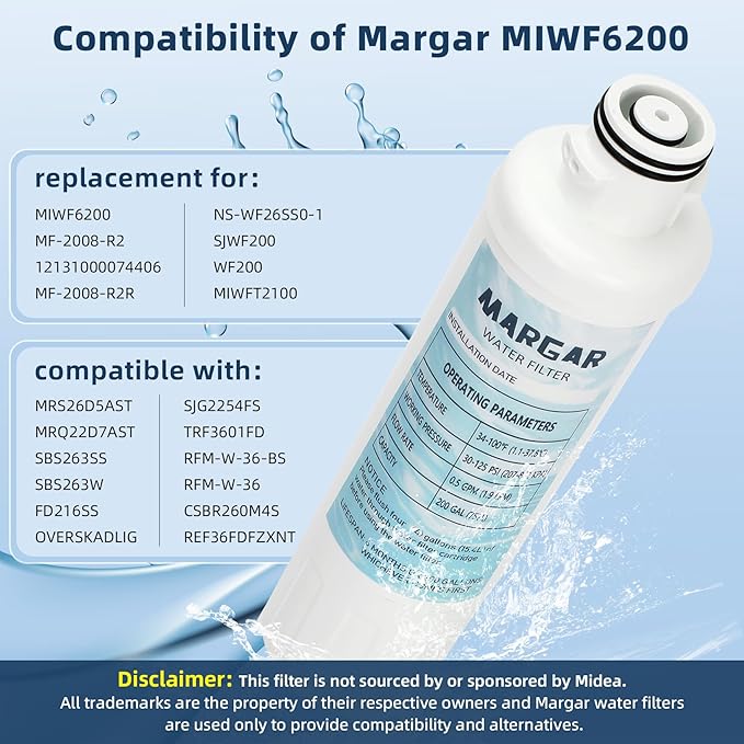MIWF6200 Water Filter, Filter Cartridge Compatible with Midea® MRS26D5AST and MRQ22D7AST Models Water Filters, MIWF6200 Water Filter Replacement for Sharp® SJWF200 Filters (2 PACK)