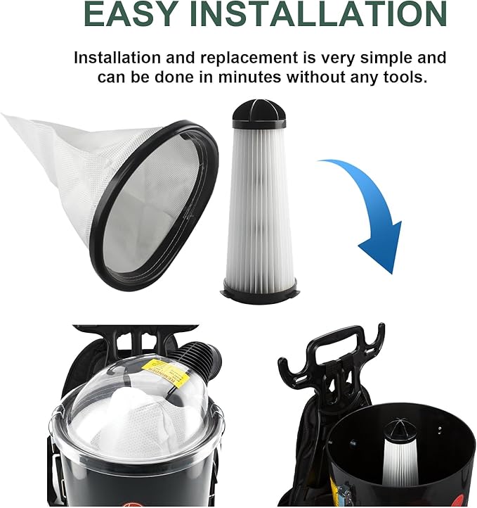 2KE2105000 HEPA Cloth Bag Liner and 2KE2110000 Replacement Filter Fit for Hoover Shoulder Vac Pro Vacuum Cleaner C2401 and for Royal RY4000, RY4001 backpack Vacuum - AquaVibe