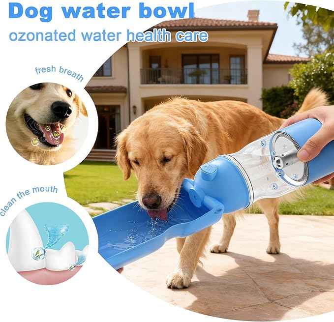 Portable Dog Water Bottle with Ozone Purification - Active Oxygen Puppy Water Bowl & Dispenser for Travel, (A-013B-blue)