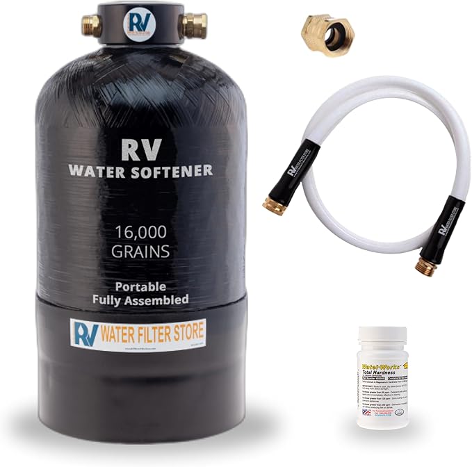 Essential RV Water Softener Portable 16,000 Grain w Custom Hose, Long Lasting for RVers Vanlife, 3/4" Fittings, Softens Hard Water When Traveling or Mobile Spot Reducing Car Washing