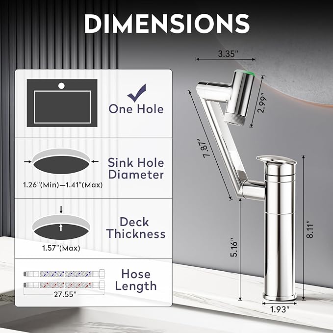 HOWUWEY Chrome Rotatable Single Hole Bathroom Vanity Faucet with Temperature Display & HOWUWEY Chrome Filtered Dual Shower Head with Handheld Spray Combo for Hard Water