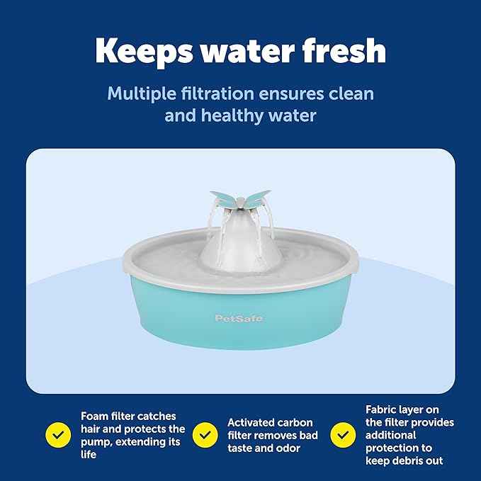 PetSafe Butterfly Cat Water Fountain with Pump & Filters - Cute Water Dispenser with 50 oz Capacity - Pump & Filters Keep Water Clean & Fresh - Filter Contains 2X More Carbon Than Other Brands