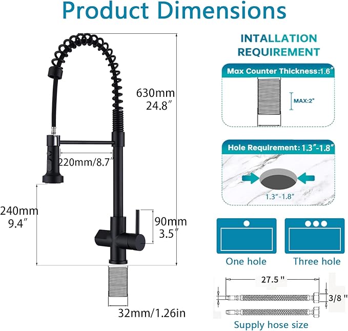Kitchen Faucet with Temperature Digital Display, Solid Brass Kitchen Sink Faucets with Pull Down Sprayer and 3 Modes, 360 Rotatable Pull Out Kitchen Faucet, Matte Black