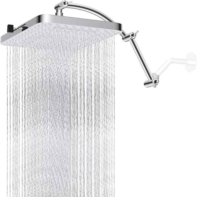 Hibbent Rain Shower Head, 13'' High Pressure Rainfall Square 5 Spray Mode Showerhead with 16" Shower Head Extension Arm, Solid Brass Adjustable Shower Arm Extender, Waterfall fixed Showerheads, Silver