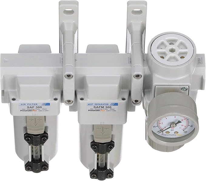 PneumaticPlus SAU330-N03G-MEP Three Stage Compressed Air Drying System - Particulate Air Filter, Coalescing Filter, Air Pressure Regulator Combo 3/8" NPT - Metal Bowl, Manual Drain, Gauge - AquaVibe