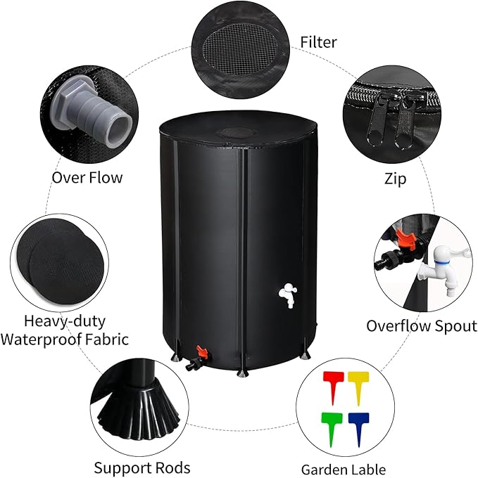 Outvita 100 Gallon Collapsible Rain Barrel, Garden Water Storage Tank, Portable Folding Rainwater Collector, Water Catcher with Filter Overflow Kit Faucet Black