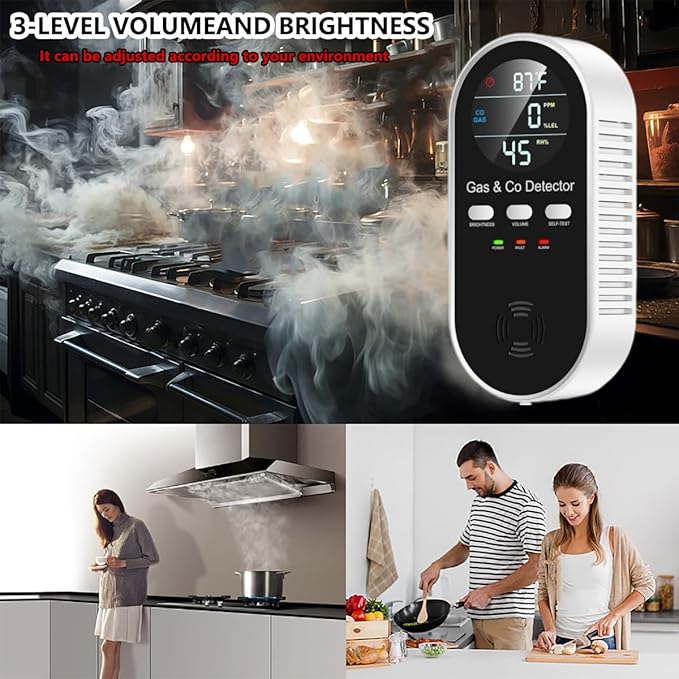 5 in 1 Carbon Monoxide Detector & Natural Gas Detector with Temperature Humidity Display，Battery Backup for Plug-in Co Detector and Combination Gas Suitable for Home/Hotel/Travel - 1Pcs