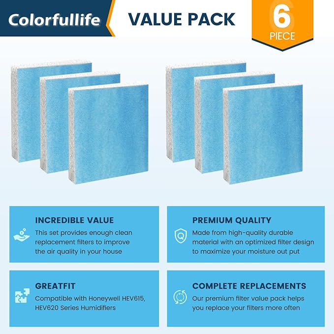 Colorfullife 6 Pack Humidifier Wicking Filter T for Honeywell Top Fill Tower Humidifier HEV615, HEV620, Upgraded HFT600PF1 Replacement Filter T with Blue Pre-Filter, Replace Parts HFT600T HFT600PDQ