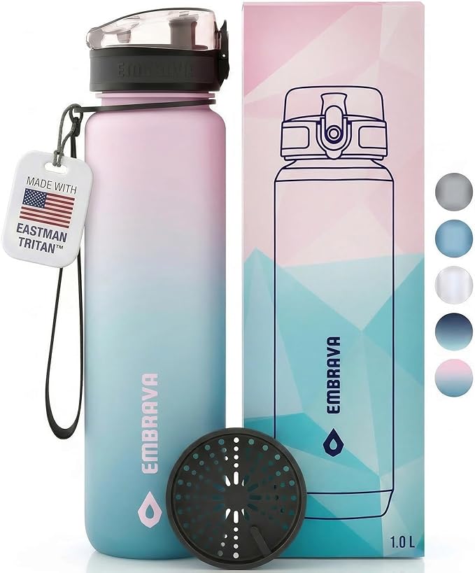 Embrava Sports Water Bottle 32oz - Fast Flow Flip Top Lid - BPA & BPS Free Leakproof Reusable - Lightweight Non-Toxic Tritan Plastic 1 Liter - Gym Hiking Office School Travel