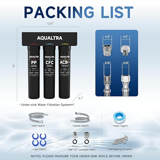 AQUALTRA USF-3B-15 Slightly Alkaline Under Sink Water Filtration System, 8K-40K Gallons Under-Sink Water Filter, 0.5 μm Carbon Fiber Filter Reduces Chlorine, Chloramine, Fluoride, Bad Taste & Odor
