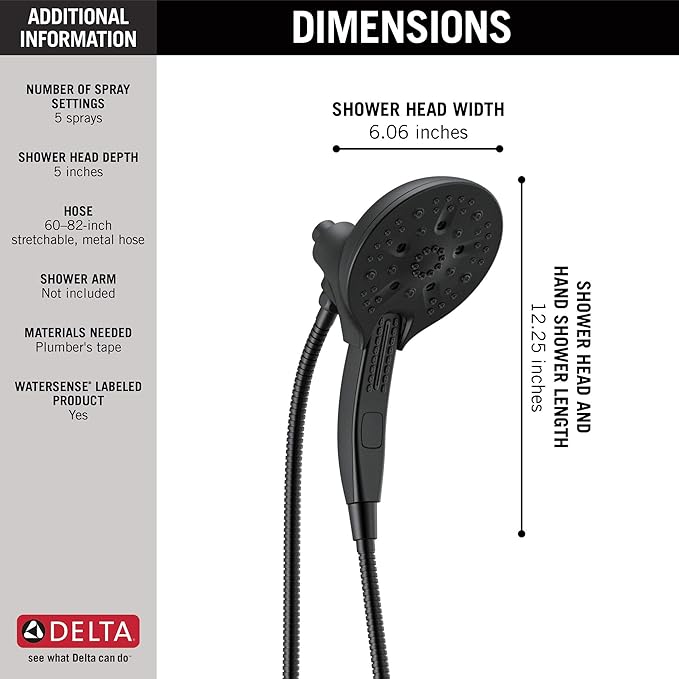 Delta 58620-BL-PK 2-in-1 Dual Shower Head, Black, 5 Spray Settings, Lifetime Limited Warranty