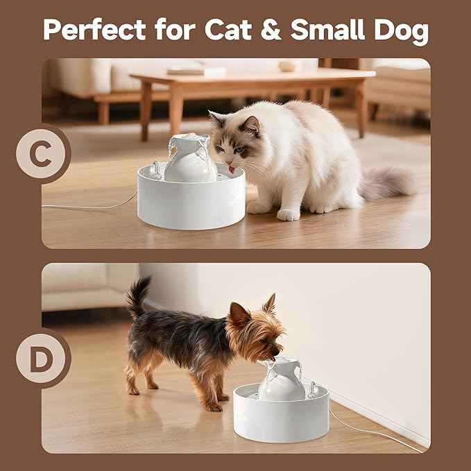 Ceramic Cat Water Fountain, 3L/101 fl oz Ultra-Quiet Pet Water Fountain, Automatic Water Dispenser for Cats & Small Dogs, No Spill Cat Water Bowl, BPA-Free, 2 Filters Included, Easy to Clean