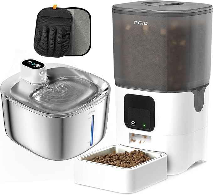 Wireless Cat Water Fountain Stainless Steel 4.5L +Automatic Cat Feeder with 2K Camera +Hair Removel Glove Set for Pet Dog Cat Indoor Outdoor