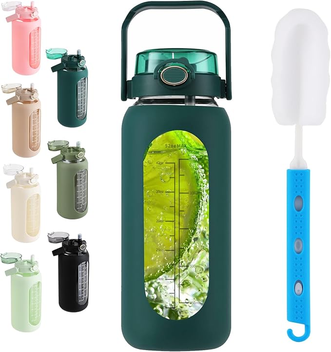 SIEROZUR 64 oz Glass Water Bottle with Straw and Handle Lid Half Gallon Motivational Glass Bottle with Silicone Sleeve and Time Marker Large Reusable Sports Water Jug for Gym Home Workout
