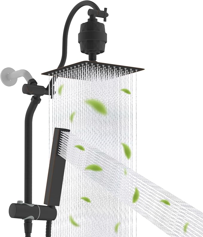 Hibbent All Metal 10'' Filtered Rainfall Shower Head, High Pressure Showerhead combo with 4-mode Handheld Spray, 12'' Extension Arm, Extension Bar with Holder, Shower Filter, Oil Rubbed Bronze