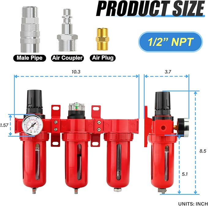 1/2" NPT 3 Stage Aluminium Air Drying System,Coalescing Filter, Particulate Filter, Desiccant Dryer and Air Regulator, Manual Drain, Mid Flow, For Plasma Cutter and Paint Spray - AquaVibe