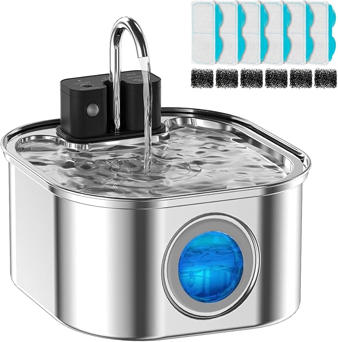 Wireless Cat Water Fountain with 6 Filters + 6 Sponges，[Rechargeable & Faucet ] Stainless Steel Battery Operated, 108oz/ 3.2l Automatic Cordless Pet Fountain -Dog Fountain with 4200 Mah Battery