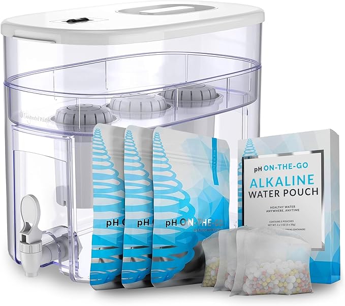 Invigorated Water Alkaline Countertop Water Machine, 300 Gallon Capacity, 3.3 gal, with 3 pH001 Filters, pH On-The-Go Portable Filter Pouches, 98 Litres/26 Gallons Each, Pack of 3