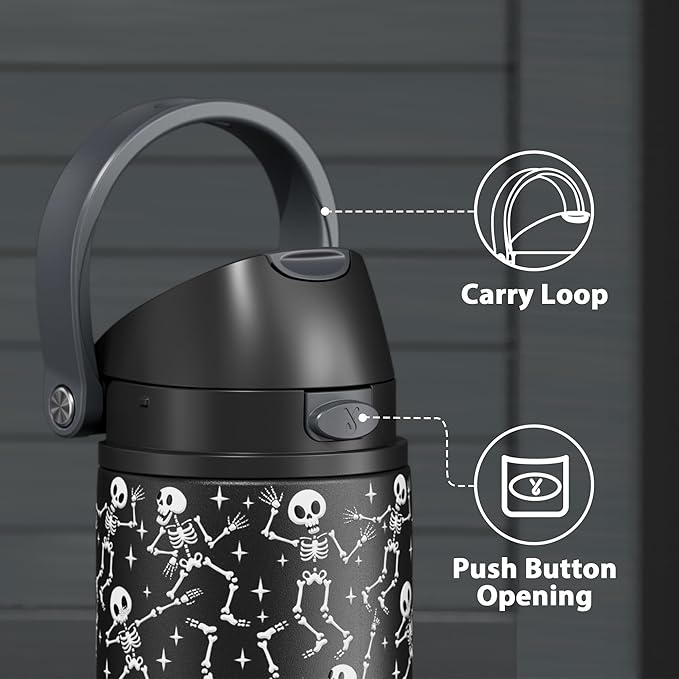 24 oz Insulated Water Bottle with Straw: Meoky Stainless Steel Water Bottle with 2-in-1 Straw Lid - Leak Proof, Cold for 24 Hours, Protective Silicone Base, BPA-Free for Travel Gym, Pop Skull