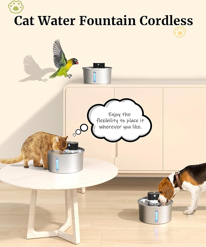 Wireless 3.2L/108oz Stainless Steel Cat & Dog Water Fountain – Cordless Pet Dispenser with Ultra-Quiet Pump, Motion Sensor, Easy-to-Clean Hygienic Design, Encourages Hydration, Multi-Pet Homes