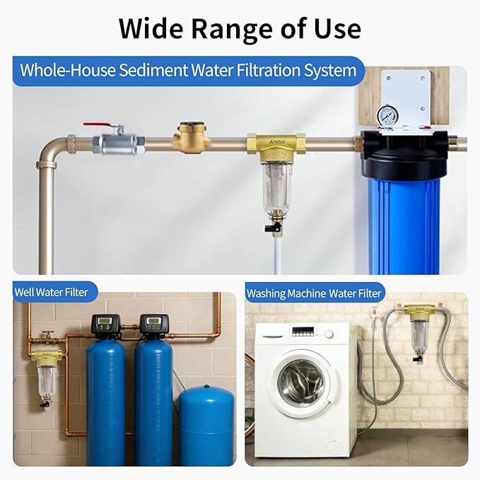 40 Micron Spin Down Sediment Filter,Reusable Sediment Water Filter,Washing Machine Water Filter,Whole House Pre-Filtration System for City Water & Well Water,25GPM,1" MNPT+3/4" FNPT+3/4" MNPT