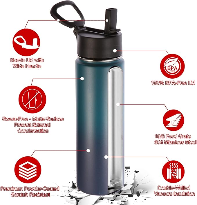 Volhoply 22 oz Insulated Water Bottles with Straw Lid, Stainless Steel Sports Bottle with Handle, Double Walled Vacuum Metal Travel Water Cups with Wide Mouth,Reusable Water Flask(Dark Night,1 Set)