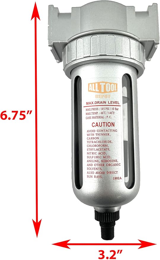 1/2" NPT MID FLOW Particulate Filter/Water Trap For Air Compressor Compressed Air Lines, 5u With Poly Bowl And Metal Bowl Guard (AUTO DRAIN) - AquaVibe