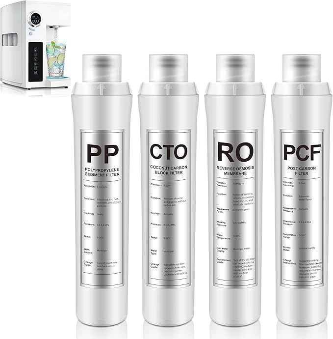 4 Pack Water Filter Replacement Compatible with Bluevua RO100ROPOT, Water Filters Set, 1 PP, 1 CTO, 1 RO, 1 PCF, Improved Drink Quality, Easy to Replace for Household Daily Use
