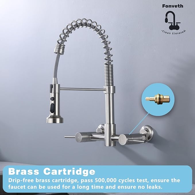 Wall Mount Kitchen Faucet, 8 Inch Center Wall Mount Kitchen Sink Faucet with Pull Down Sprayer Commercial, Brushed Nickel