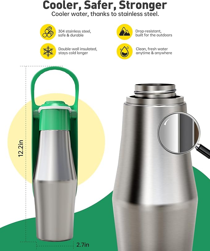 Stainless Steel Dog Water Bottle - 27 oz Portable Travel Dog Bottle & Bowl, Leak Proof Stainless Steel Metal Pet Water Bowl Dispenser for Camping, Hiking, Traveling, Walking (27oz, Green) - AquaVibe