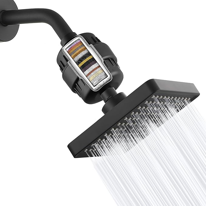 High Pressure Filtered Shower Head Set, 6’’ Rain Shower Filter for Hard Water, Universal Square Showerhead 20 Stage Filtration Removes Impurities for Rejuvenated Skin by Eolax, Matte Black
