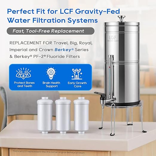 LCF Gravity-fed Water Filter System, 3 Gallons Stainless-Steel System with 6 Filters, Metal Water Level Spigot and Stand, Reduces Chlorine & Fluoride (Fluoride Filters)