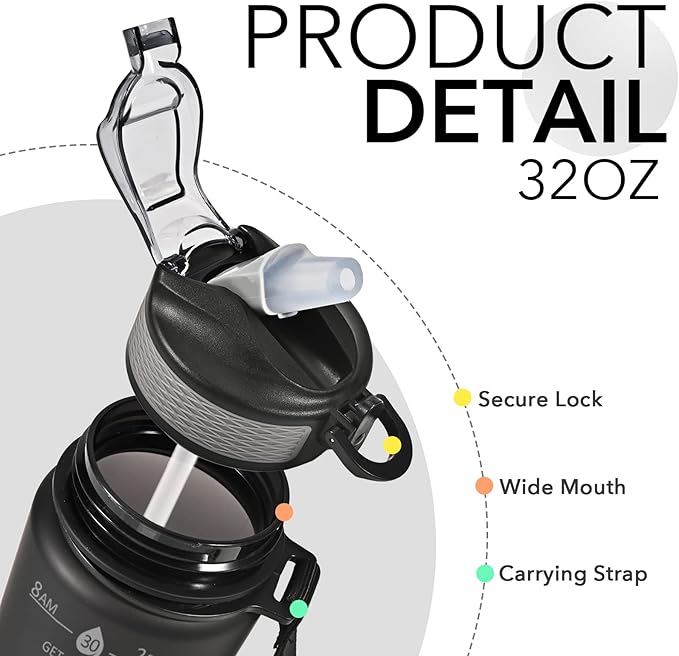 Hyeta 32oz Water Bottles with Straw - Stay Motivated and Hydrated with Convenient Times to Drink Markings, Durable, Leak-proof