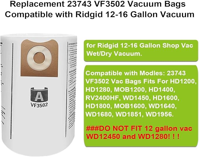 VF6000 Filter for Ridgid Shop Vac 5-20 Gallon Wet Dry Vacuums, 5-Layer HEPA Filter Fits WD5500 WD0671 WD6425 WD7000 (2 Pack VF6000 Filters + 4 Pack VF3502 Bags) - AquaVibe