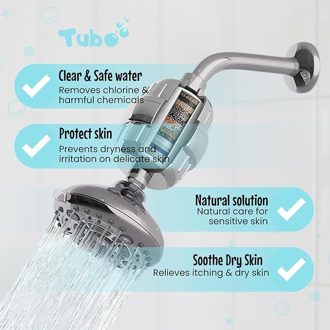 Tubo 20-Stage Shower Filter - Removes up to 99% of Chlorine, Heavy Metals & other Contaminants - Improves Skin and Hair - Tool-free installation - 12,000 Gallon Capacity