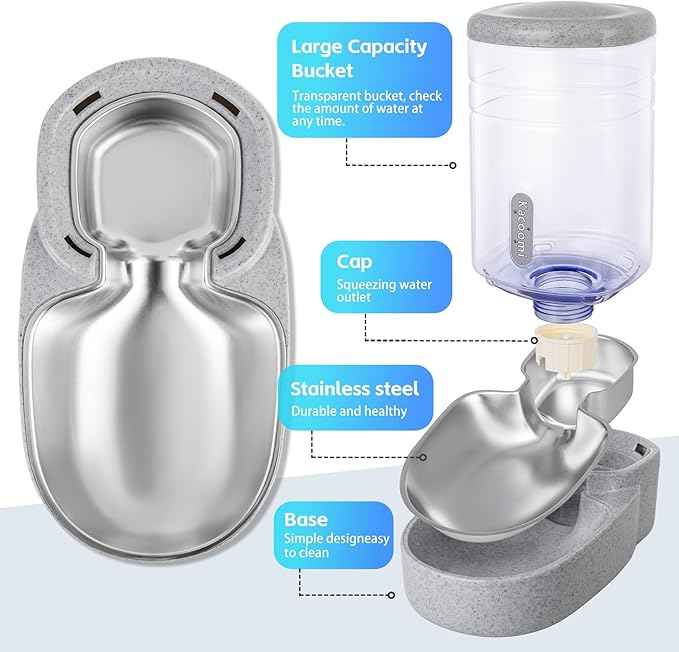Automatic Cat Feeder and Water Dispenser with Stainless Steel Bowl Gravity Food Feeder and Waterer Set for Small Medium Dog Puppy Kitten 1 Gallon x 2(Grey)