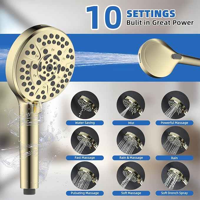 All Metal Shower Head, 10" High Pressure Rainfall/Handheld Shower Combo with 11" Extension Arm, 10-Spray Handheld Showerhead, 71" Long Hose, 3-Way Diverter Valve, Shiny Gold