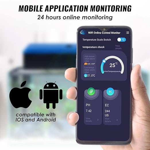 Smart 3-in-1 pH, EC & Temperature Water Quality Monitor with App Control – Continuous Online Tester for Hydroponics, Aquariums, Pools, Labs & Aquaculture