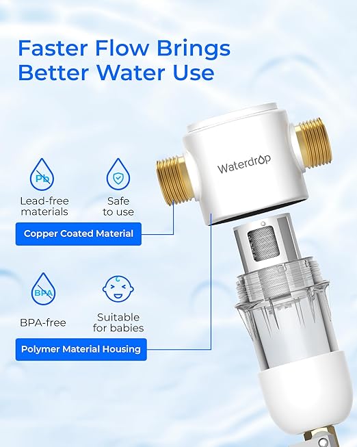 Waterdrop Spin Down Sediment Filter, Reusable Whole House Water Filter System, Flushable Pre-Filter System for City/Well Water, 50 Micron, 1" MNPT + 3/4" FNPT, WD-PF01