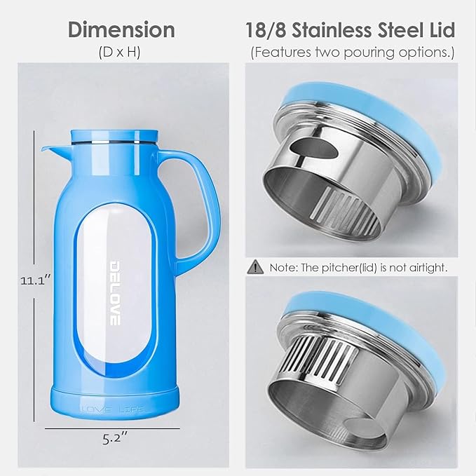 Delove 68 oz/2 Liter Glass Pitcher with Shatterproof Shell - Heat Resistant Glass Liner - Stainless Steel Lid - Carafe & Jug for Iced Tea,Hot/Cold Water,Homemade Juice Beverages (Blue)