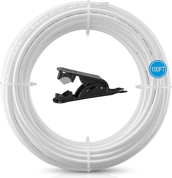 100FT 1/4 Inch O.D.RO Water Tubing,NSF Certified Pipe for RO(Reverse Osmosis) Water Purifier Filter System,BPA free Flexible Plastic Hose(white)+Tube Cutter
