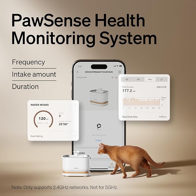 Bundle of PETLIBRO App Monitoring Cat Water Fountain with Wireless Pump + 4 Packs Genuine Replacement Filters, 2.5L/84oz Dockstream Pet Water Fountain for Cats Inside, Auto Cat Water Dispenser Dog